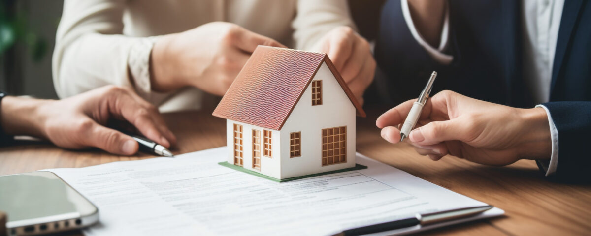 A Home Buyer and loan officer going over loan paperwork in a corporate office for home purchase