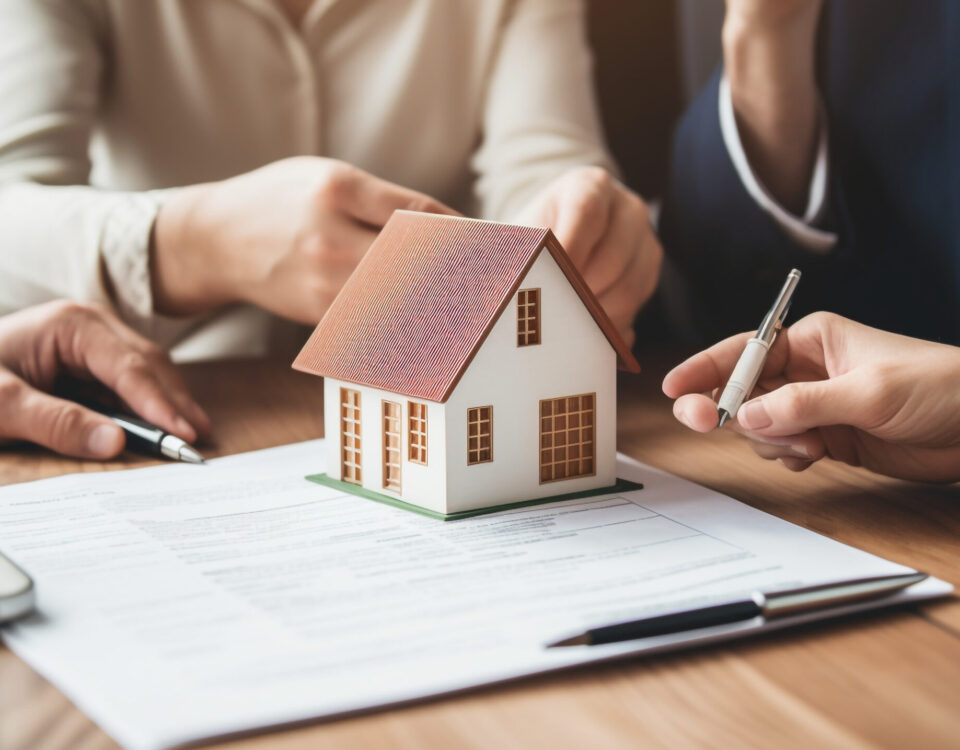 A Home Buyer and loan officer going over loan paperwork in a corporate office for home purchase