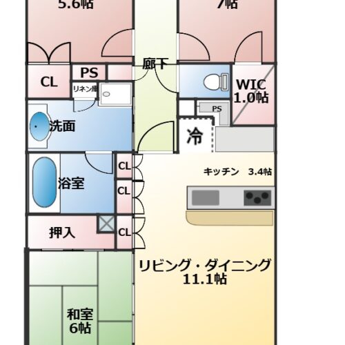 広々3LDKの間取りは、家族が増えても住み続けられるお家です(間取)